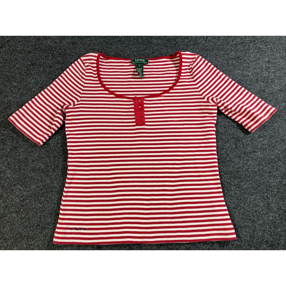 Lauren Ralph Lauren Striped Henley Top Size S Red White Ribbed Hook Eye Scoop